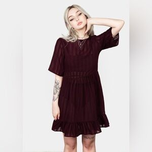 Disturbia Sheer Smock Dress – US 8 (UK 12), Dark Purple, Gothic Babydoll, Ruffle